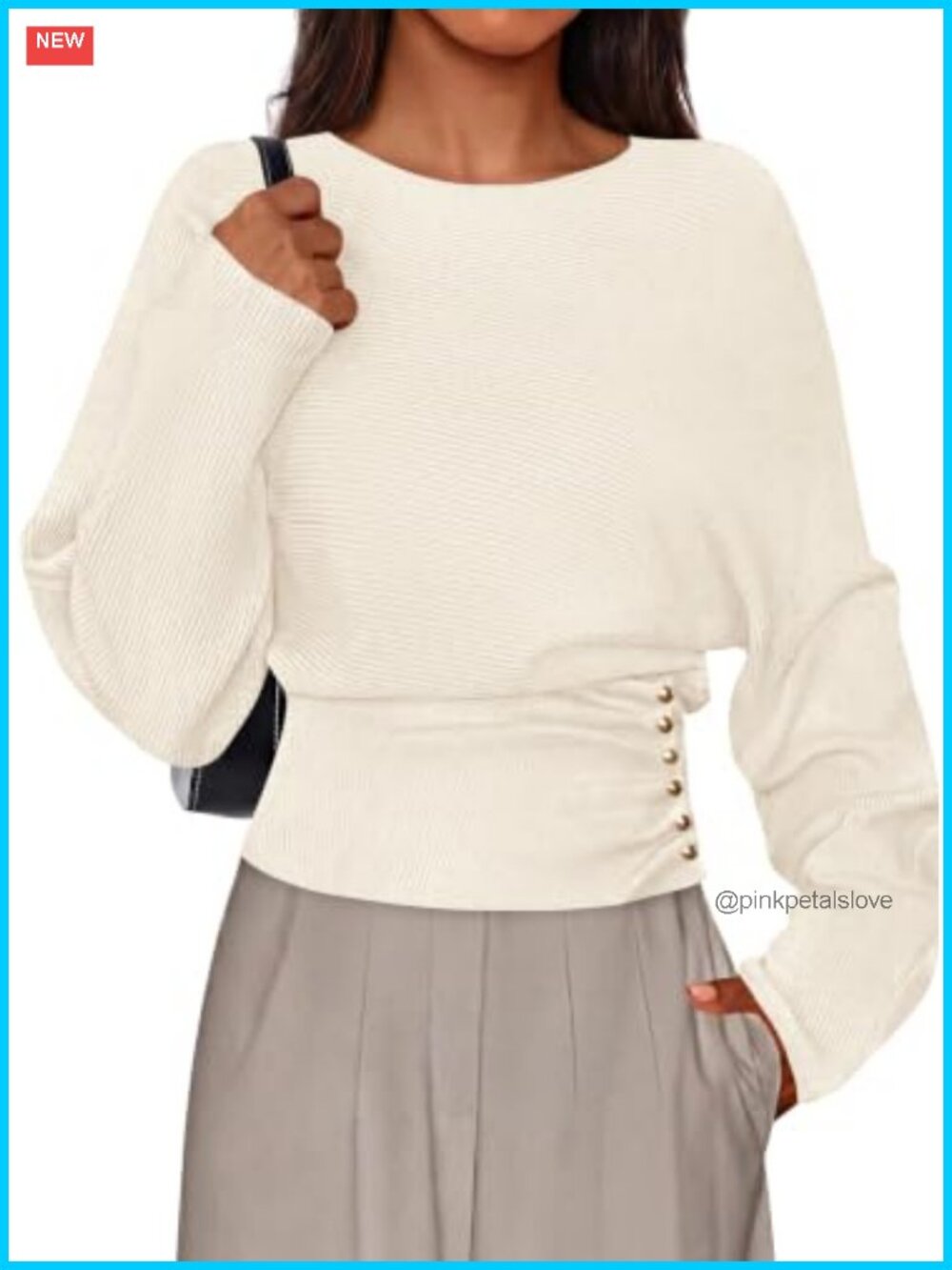 Batwing Sleeve Knit Pullover Sweater Women Ribbed Cinched Waist Fall